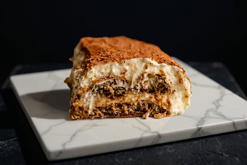 A slice of tiramisu with cocoa powder on top, sitting on a white marble slab.
