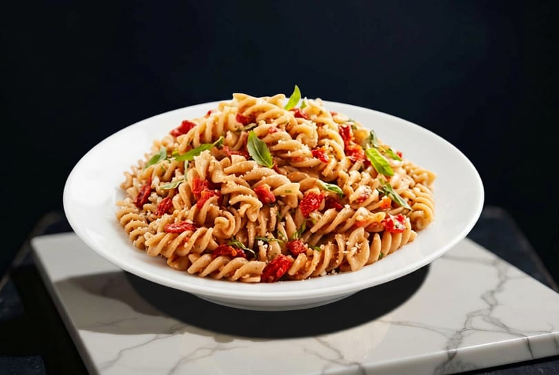 A white plate of fusilli pasta with sun-dried tomatoes, parmesan, and basil on a marble surface.