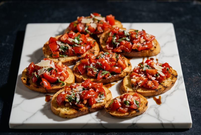 Several bruschetta appetizers with diced tomatoes, basil, and parmesan cheese on a marble board.